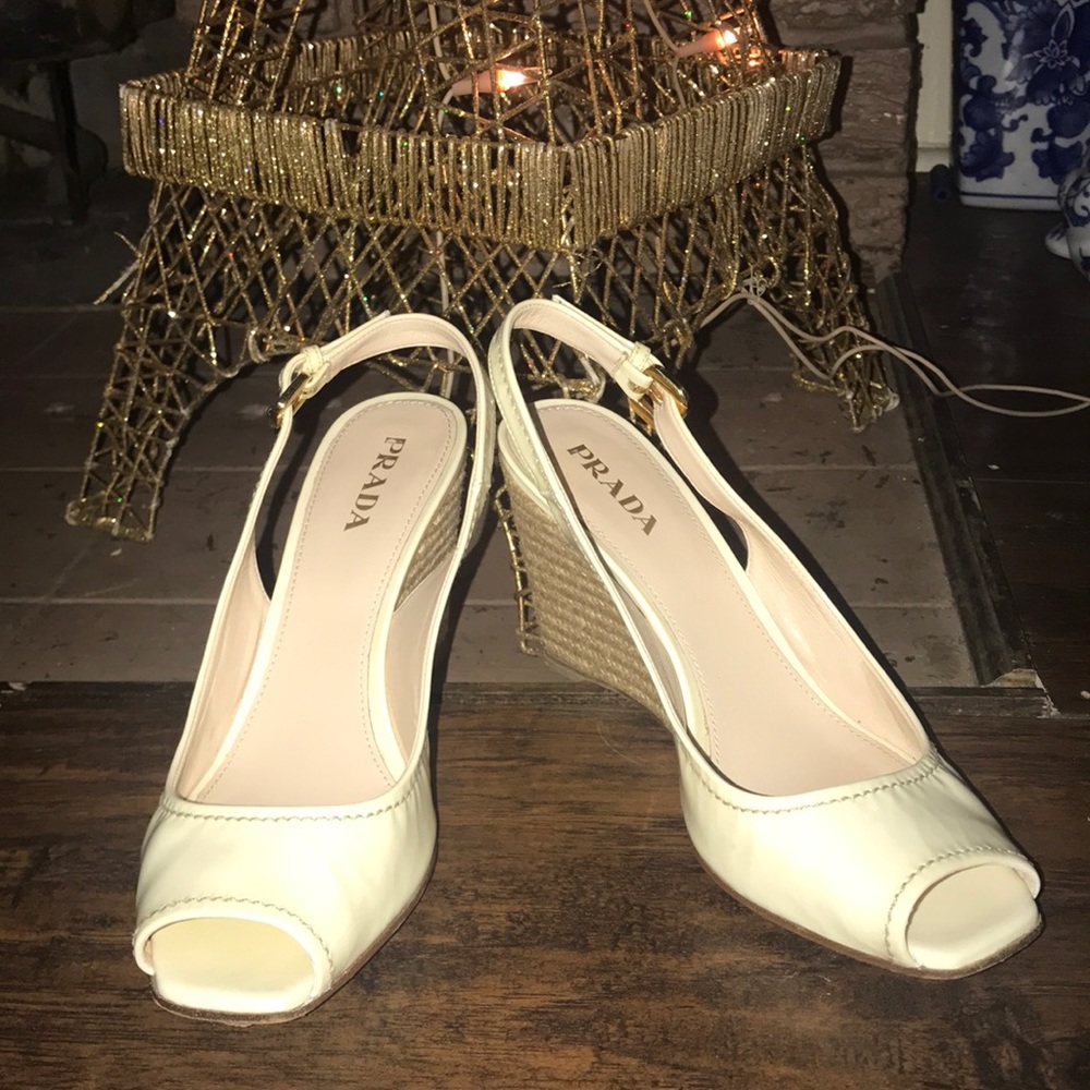 Prada White Espadrille Wedge Sandals